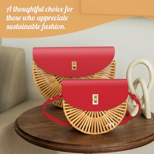 Image of Handwoven Bamboo Bag Summer Straw Purse Crossbody Bags for Women Natural Handmade Beach Bamboo Purse with Leather Strap