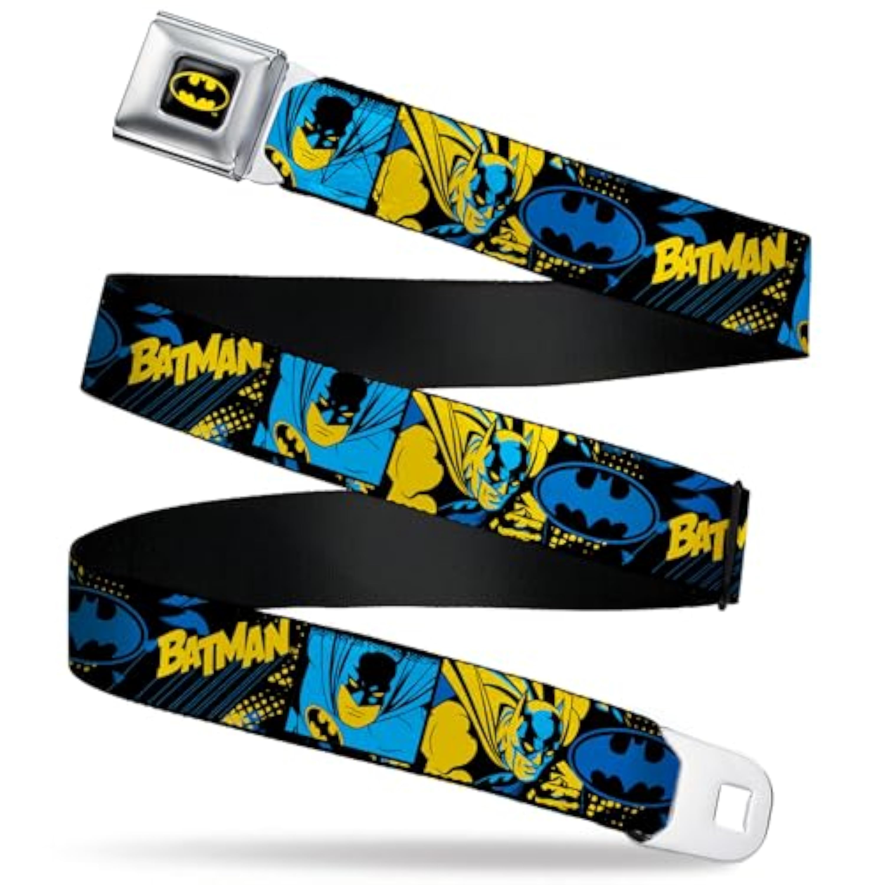 DC Comics - Cinturón con hebilla para cinturón de seguridad, poses de Batman y collage de logotipos, negro, azul y amarillo, ajustable, Color múltiple, 1.0" Wide - Fits Pant Size 20-36