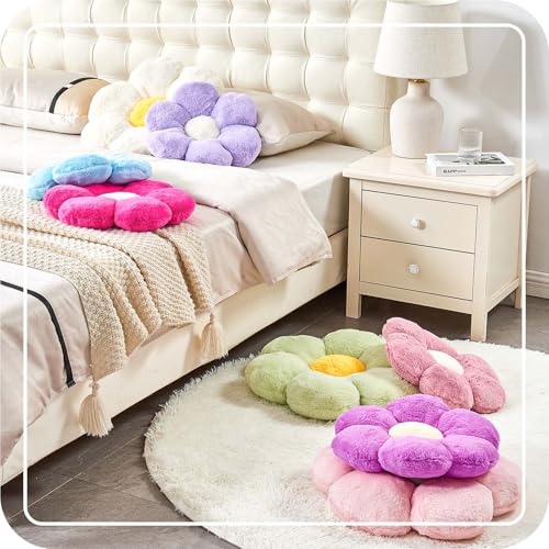 Image of Kcvvcr Beige Flower Pillow, Cute Decorative Flower Shaped Throw Pillow with Faux Rabbit Fur, 14.9 inch Soft Daisy Plush Floor Cushion Aesthetic Room Decor for Bed Sofa Couch