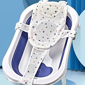 HORREX Badkuipzitje voor baby’s, eendelig, babybadkuip, blauw/wit, babybadkuip, verstelbare maat voor aanpassing aan verschillende badkuipen, badkuip, baby. Het product bevat geen wastafel