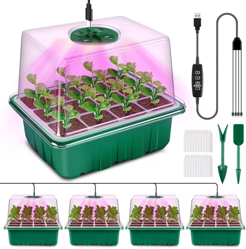 YAUNGEL Zimmergewächshaus Anzuchtkasten mit Pflanzenlampe, 4 Stück Mini Gewächshaus Anzucht Set mit Timing-Controller einstellbare Helligkeit, verdicken Gewächshaus Klein mit erhöht Deckel