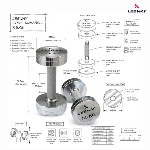 Image of Leeway Steel Dumbbell Set 7.5 Kg x 2 | Chrome Dumbbells for Home Gym | Rust-Resistant Non-Slip Grip | Strength Training Metal Dumbbell Set | Iron Dumbell | Round Dumble | (7.5kg X 2 = 15kg Chrome)