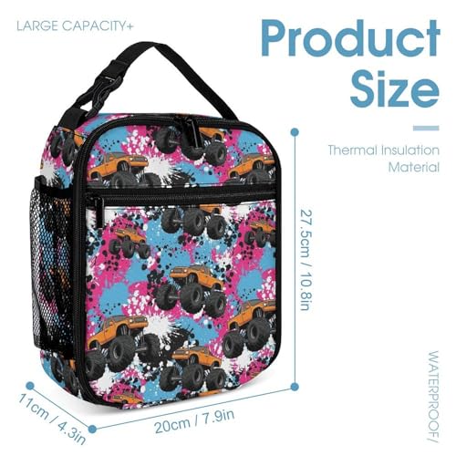 Backpack Book Bags with Lunch Box Storage Bag Backpack Set Daypack with Lunch Bag and Cosmetic Bags (Splash Ink Monster Truck)4