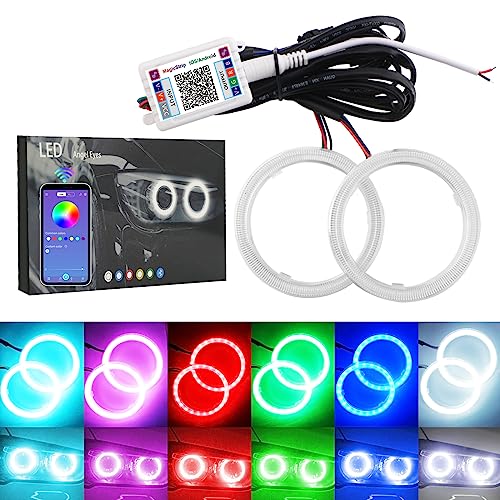 Qasim 1 Par de LED COB Faros Halo Anillo Ojo de ángel Angel Eyes Universal para Moto Faro Lámpara de Advertencia DRL con Cubierta Control de Móviles Bluetooth DC12V 70MM 72SMD