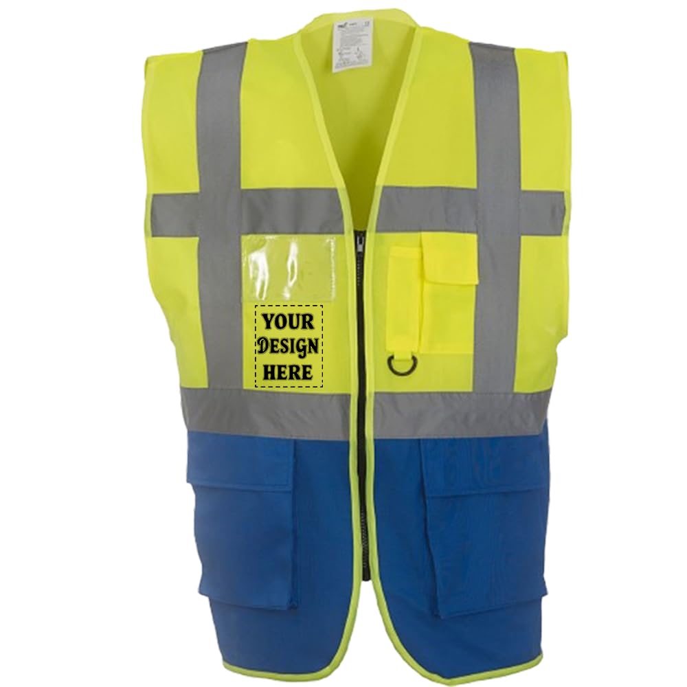 D&T Personalised Hi-Vis Reflective Vest with Zipper and Pockets – High Visibility Safety Waistcoat – Unisex Polyester Workwear (UK, Alpha, 3XL, Regular, Regular, Hi Vis Yellow/Royal Blue)