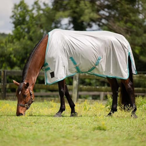 Image of Equinavia Gard Horse Fly Sheet Nylon Mesh Equine Fly Sheet for Horses, Pony | Turnout Horse Fly Sheets, Breathable Pony & Horse Sheet, Lightweight, Against Pests, Sun UV, Silver Grey /Turquoise, 72 in