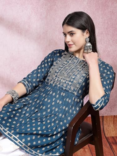 Image of Stylum Women's Printed & Embroidered Rayon A-Line Kurti With Dhoti Pant