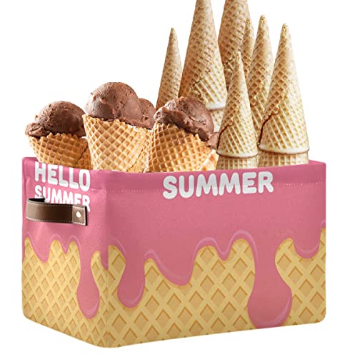 Hello Summer Ice Cream - 2 cestas de almacenamiento de aperitivos, cajas de lona de tela con tapas, estantes plegables para guardería, organizador de toallas de juguete, decoración de fiesta de verano