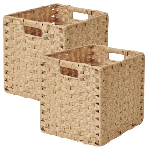 Sagittar Cesta plegable trenzada de imitación de ratán, 28 x 28 x 28 cm, cesta de almacenamiento para despensa, armario, cesta de estantería Kallax, cubo impermeable, no mohosa, 2 unidades, color