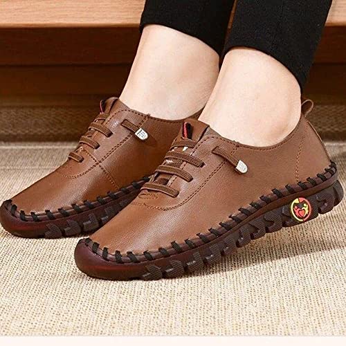 Braised Pork 2023 New Women's Leather Soft Bottom Flat Shoes Handmade Beef Tendon Leisure Set of Feet Breathable Round Head Non-Slip Fall Shoes (Black,41/US 9-9.5)2