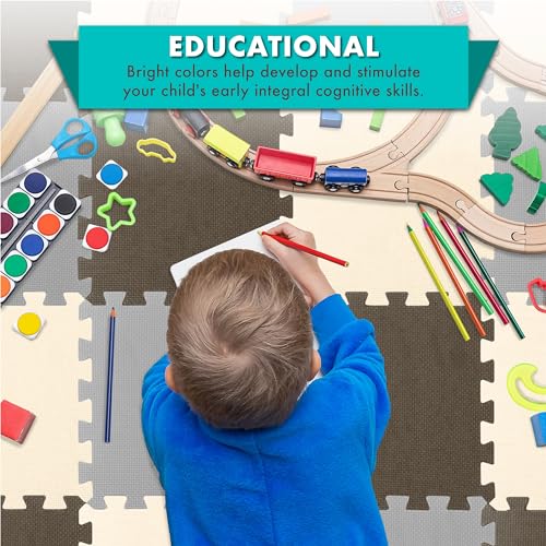 Image of ProSource Baby Play Mat, Soft Foam Floor Tiles for Kids, Interlocking EVA Panels for Playpen Use, Crawling Development Surface, Safe Non-Toxic Toddler Flooring, 16 Tiles, Brown /Beige /Gray