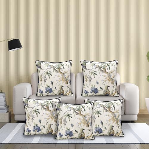 Image of Cotton Cushion Covers 16x16 Inch - Hand Block Floral Print Pillow Covers for Sofa, Couch & Bedroom (Pack of 5) (Blue & White)