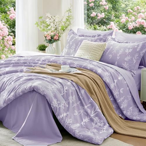 Image of MUXHOMO Oversized Queen Comforter Set, Lavender Elegant Floral Print Bed in a Bag 7 Pieces, Soft & Breathable Reversible Botanical Pattern Bedding Set with Comforter, Sheets, Pillowcases, and Shams