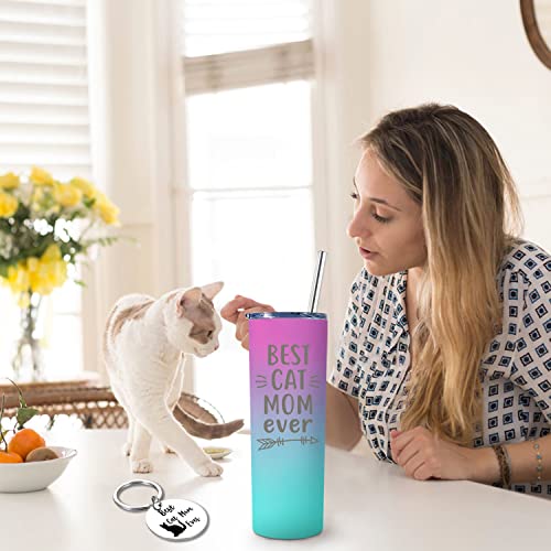 Cat Lover Gifts For Women Mothers Day Gifts For Cat Lovers Best Cat Mom Ever Gifts For Cat Lady 20Oz Travel Cup Christmas Birthday Presents For Cat Lover Pink Gradient Wine Tumbler With Staw Keychain #TOP4