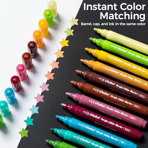 Image of Ohuhu Acrylic Glitter Markers, 24 Metallic Glitter Colors, Fine Tip Paint Pens for Fine Details & Shimmer Accents, Water-Based & Quick Dry, for DIY Crafts, Cards, Journals, Wood & Rock, Medium Tip 3mm