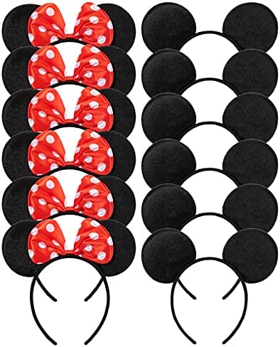 CHuangQi 12pcs Mouse Ears Solid Black and Red Bow Headband for Boys and Girls Birthday Party Celebration or Event