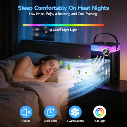 Image of Portable Air Conditioners, 4 in 1 Evaporative Air Cooler with 1200ML Tank, Queit Cooling Fan with Remote Control, 2-8H Timer, 3 Modes & 8 LED Lights, Personal AC Unit for Bedroom, Office and Camping
