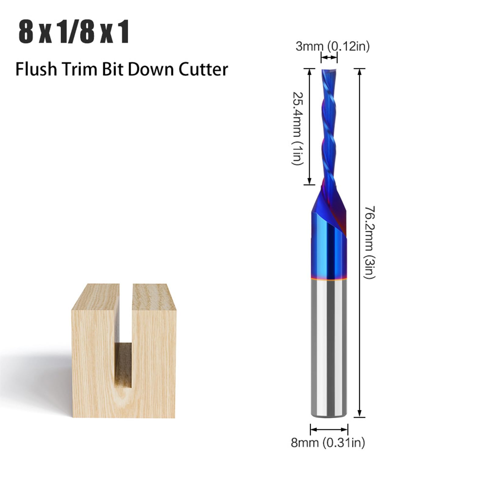 MACHSWON Straight Two Flute Router Cutter 8mm Shank,1/8" Cut Diameter & 25.4mm Cut Length,Tungsten Carbide Tipped,Milling Cutter Straight Router Bit Flush Trim Bit Down Cutter - Image 2