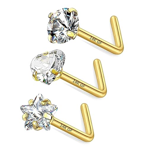 3 Pcs 14K Gold Filled Nose Studs 20G Stainless Steel Stud Nose Ring 2mm/2.5mm/3mm Round CZ L Bend Nose Stud Hypoallergenic Nose Piercing2