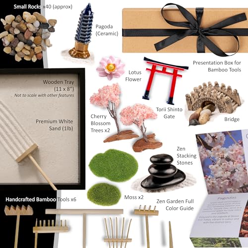 Zen Garden Kit 11x8in. Beautiful Japanese Decor Mini Rock Feature Gift Set for Home, Office Desk. Zen Sand Garden, 6 Tools, 15 Accessories. Sand Tray Therapy Desktop Meditation Room