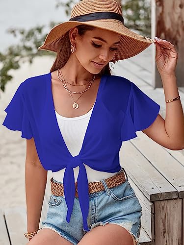 Image of ZAFUL Women's Chiffon Cropped Bolero Sheer Shrugs for Dress Short Sleeve Tie Front Cardigan