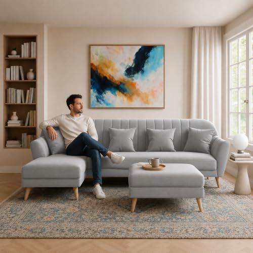 Image of Atticus LHS 6 Seater L Shape Sofa Set with Ottoman Living Room (Purple Grey Colour Fabric) Premium Fabric Sofa Set for Living Room