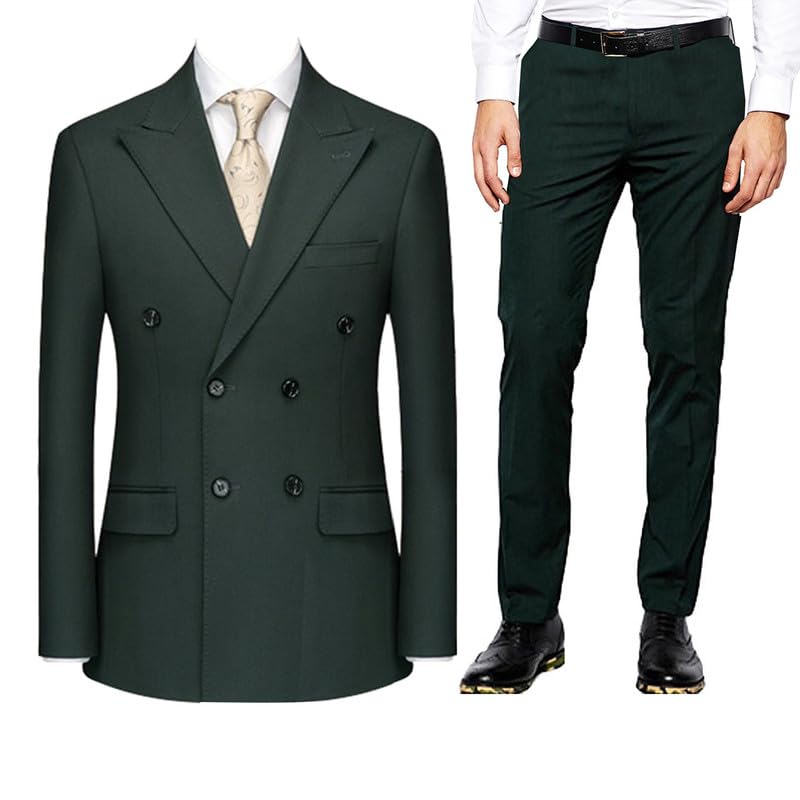 HBDesign 6 Button Double Breasted Style Peak Lapels Dark Green Men