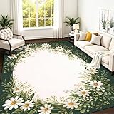 PeeNoke Floral Border White Daisies Greenery Dark Green Area Rug Outdoor Patio Rug Play Mat Modern Floor Carpet Non-Slip Home Decor Living Room Kids Bedroom Nursery, 9x12 ft