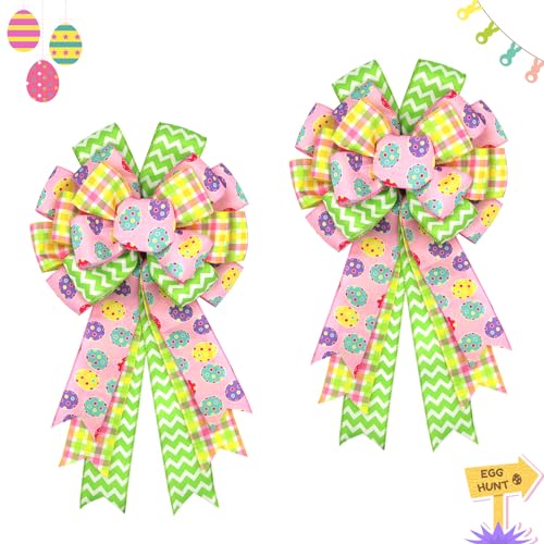 Large Easter Bows for Wreath 20x11 Inch, 2 Pack Pre-Tied Easter Egg Wired Ribbon Bow, Big Tree Topper Bow for Front Door Indoor Outdoor Spring Summer Decoration (Yellow)