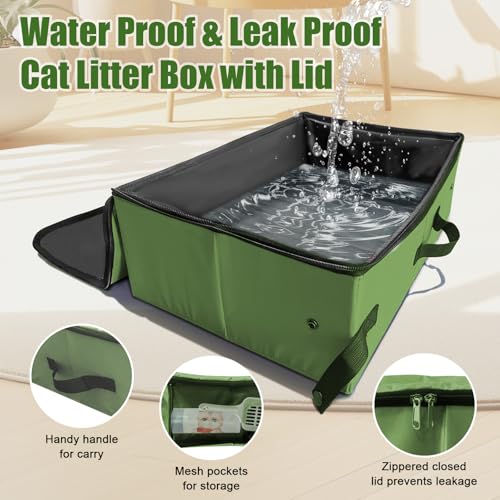 Image of Large Portable Cat Travel Litter Box, 20x14x6.5 Inches with Zipped Lid & 10 Liners, Leak-Proof, Lightweight, Sturdy & Waterproof and Foldable for Hotels, Car, & Camping