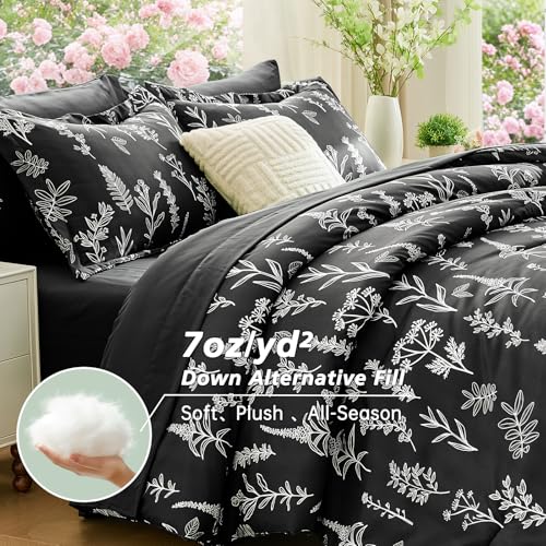 Image of MUXHOMO Oversized King Comforter Set, Black Elegant Floral Print Bed in a Bag 7 Pieces, Ultra Soft & Breathable Reversible Botanical Pattern Bedding Set with Comforter, Sheets, Pillowcases, and Shams