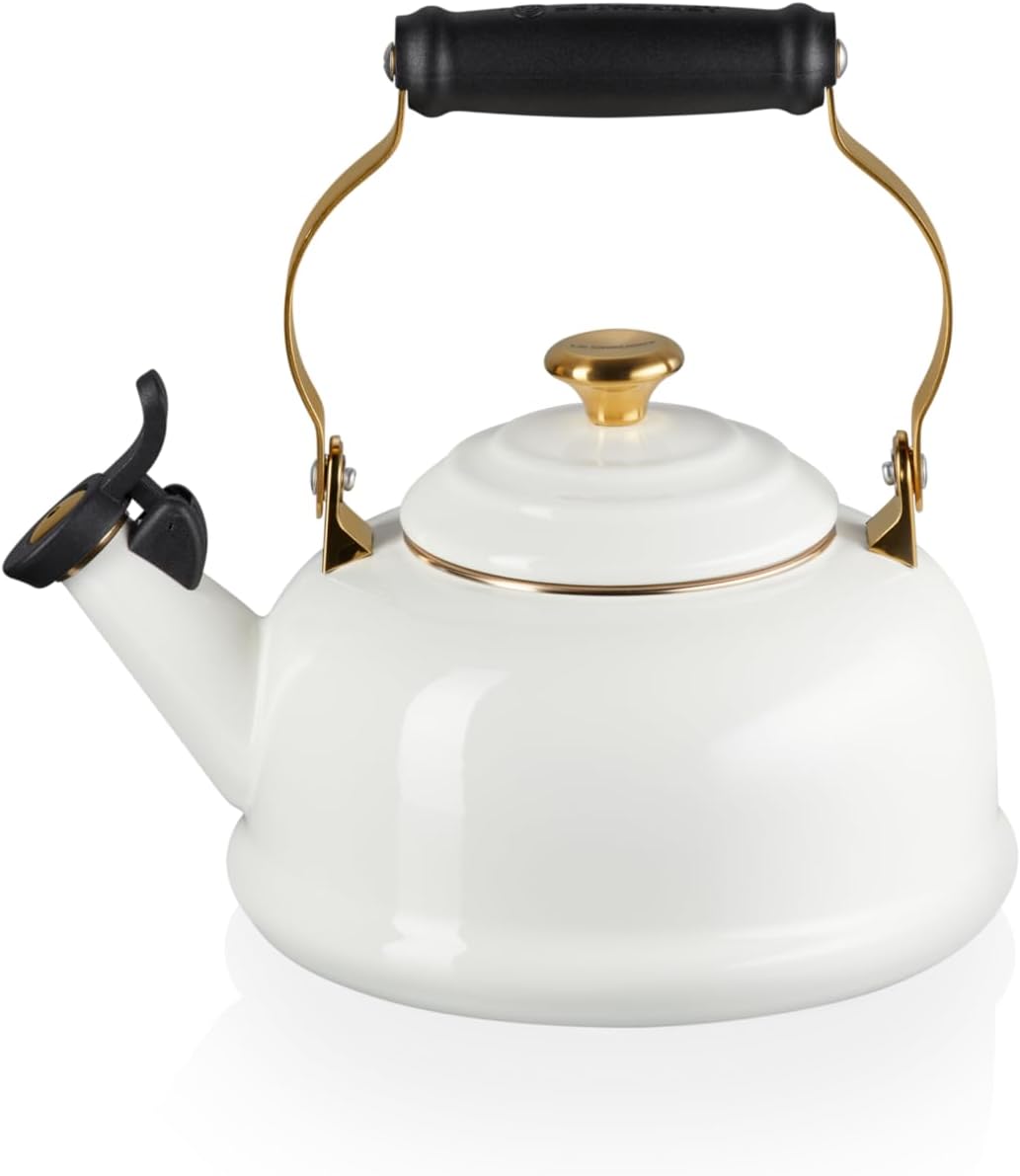 Le Creuset Enamel on Steel Whistling Kettle with Gold Finishes, 1.7 qt., White