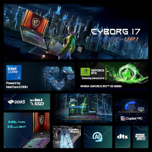 Image of msi Cyborg 17.3'' Gaming Laptop, RTX 5060, 16GB DDR5 RAM 2TB SSD+1TB HDD, Intel Core 5 Processor, 144HZ FHD, Cooler Boost 5, RGB Backlit KB, RJ 45, WiFi 6E, HDMI