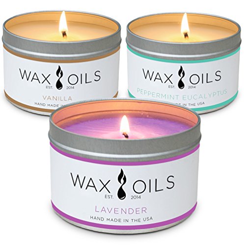 Wax and Oils Soy Wax Aromatherapy Scented Candles, Lavender, Vanilla & Peppermint Eucalyptus