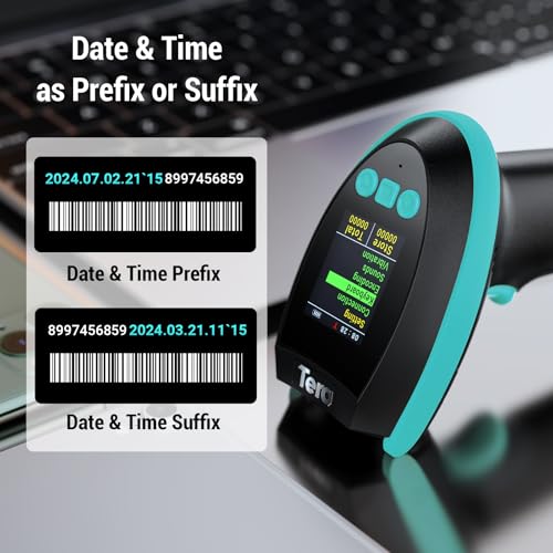 Image of Tera Barcode Scanner Wireless 2D with Stand: Pro Version Digital Setting Screen Keypad Works with Bluetooth 2.4G Wireless USB Wired Extra Fast Scanning Speed Handheld Bar Code Reader HW0009-Z Blue