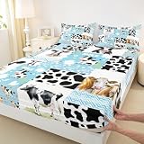 Kawaii Cow Print Full Sheets for Kids Toddler Highland Cattle Bed Sheets, Black White Cowhide Fitted Sheet Bull Buffalo Plaid Bed Set, Cow Fur Bedding Children Blue Cartoon Room Decor (Deep Pocket)
