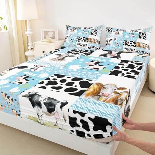 Kawaii Cow Print Full Sheets for Kids Toddler Highland Cattle Bed Sheets, Black White Cowhide Fitted Sheet Bull Buffalo Plaid Bed Set, Cow Fur Bedding Children Blue Cartoon Room Decor (Deep Pocket)