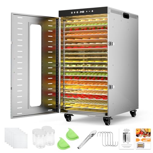BriSunshine 20-Tray Commercial Food Dehydrator Machine, 24H Timer, 1600W Large Stainless Steel Dehydrators for Meat Jerky, Dog Treats, Fruits