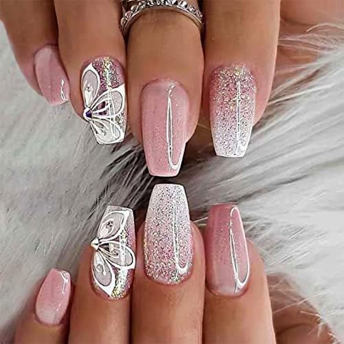 YOSOMMK Gradient Pink Press on Nails Medium Coffin Fake Nails with Flower Rhinestone Designs Glossy Full Cover Stick on Nails Bling Sequins Artificial Acylic False Nails Glue on Nails for Women