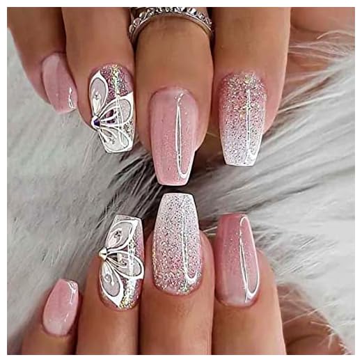 YOSOMMK Gradient Pink Press on Nails Medium Coffin Fake Nails with Flower Rhinestone Designs Glossy Full Cover Stick on Nails Bling Sequins Artificial Acylic False Nails Glue on Nails for Women