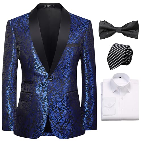 Mens Slim Fit Suit Jacket Tuxedo Blazer Flap Pockets Jacquard Shawl Lapel Shirt Bow Tie Prom Wedding Business Dinner