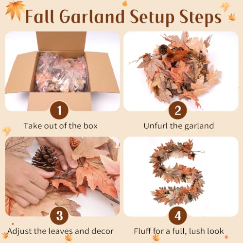 6 Ft Fall Garland with Lights & Timer, Thanksgiving Fireplace Mantel Decor - image 7