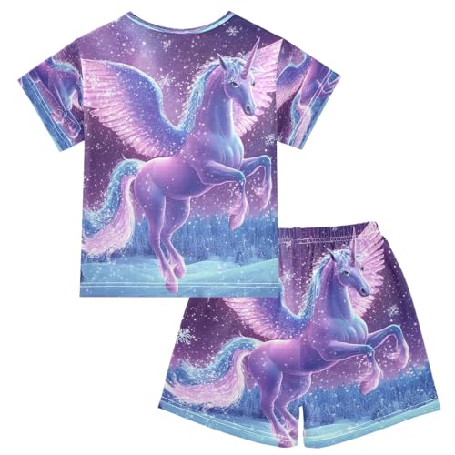 ALAZA Unicorn Wing Snowflake Pajamas Set Short Sleeve Cotton Sleepwear Summer Pjs 2 Piece 5-14Y2
