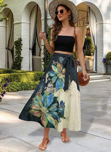 Women's Maxi Trendy Flowy Print A Line Long Skirt High Waist Comfort Beach Party Wear Flower-28 Medium4