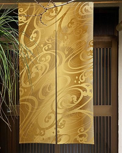 Qinunipoto のれん 和風 雲の柄 瑞雲 ゴルドー色 暖簾 幅85×丈150cm インテリア 目隠し おしゃれ すだれ 遮光 部屋 間仕切り ロング カーテン 麻調ポリエステル製 オーダー可 冷/暖気遮断 簡単取付 リビング 玄関/キッチン/お風呂