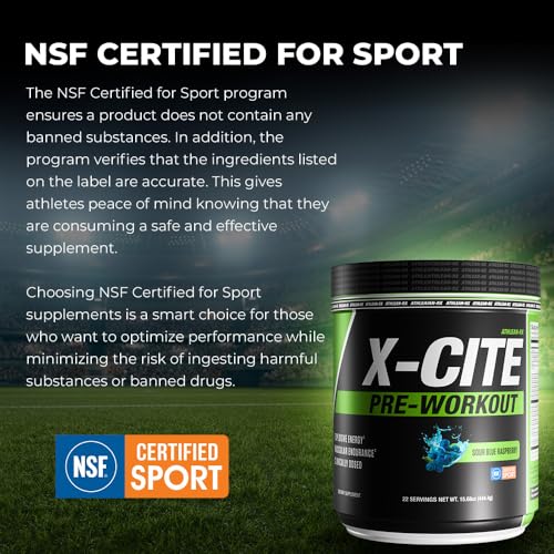 Image of X-CITE Pre-Workout by ATHLEAN-X - Enhanced Formula with Beta-Alanine, Creatine & Caffeine for Ultimate Energy, Endurance, Focus & Muscle Pump, NSF Certified for Sports (Sour Blue Raspberry)