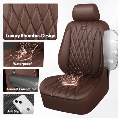 Image of CAR PASS Piping Luxury Faux PU Leather Two Front Car Seat Covers, Waterproof Anti Slip Seat Covers Compatible with Front Seat Armrests,Universal Fit for Suvs,Vans,Trucks,Airbag Compatible, All Brown