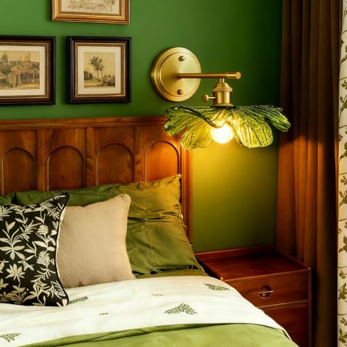 Image of Green Glass Sconce 2 Light Leaf Bathroom Vanity Light Mid Century | Vintage Wall Sconces Set of 2 Gold Wall Lamp, E26 Brass Base, Vanity Light fixtures, Living Room Hallway Entryway