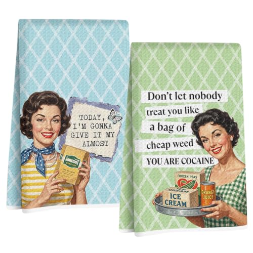 Image of 2 Pcs Funny Housewives Kitchen Towels, Housewarming Gifts Dish Towels | Humorous Pattern Hand Towel Kitchen Decor, Waffle Weave Microfiber Cleaning Cloth Wash Cloths Tea Towel 14 x 24 Inch Set of 2