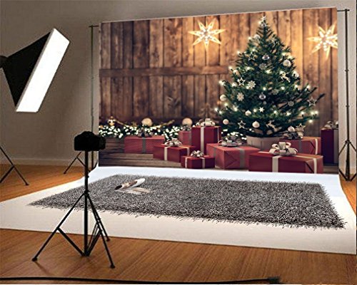 3x2m Vinyl Foto Hintergrund Weihnachten Baum Geschenke Kasten RIC Holzplanken Innenraum Fotografie Hintergrund für Fotoshooting Portraitfotos